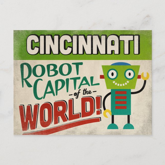 Cincinnati Ohio Robot - Funny Vintag Postkarte (Vorderseite)