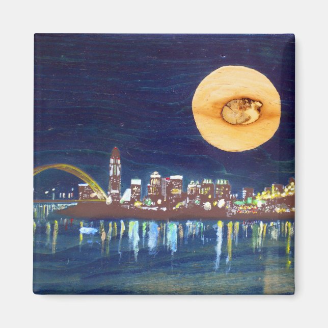 Cincinnati Skyline Wood Moon Magnet (Devant)