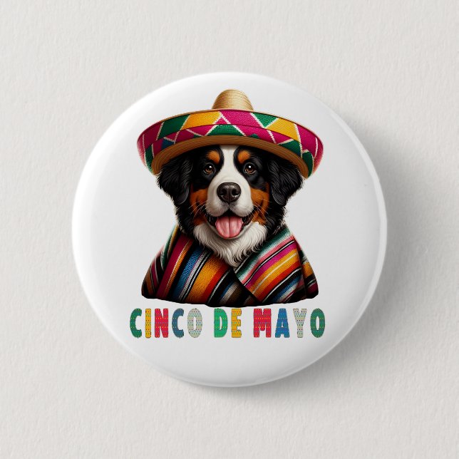 Cinco de Mayo Bernese Dog mit Poncho und Sombrero Button (Vorderseite)