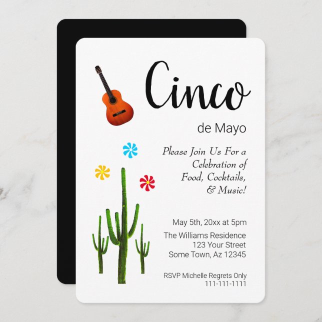 Cinco de Mayo Cactus Black White Party Invitation (Devant / Derrière)