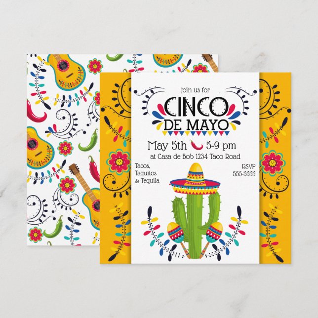 Cinco de Mayo Cactus Maracas Folk Einladung (Vorne/Hinten)