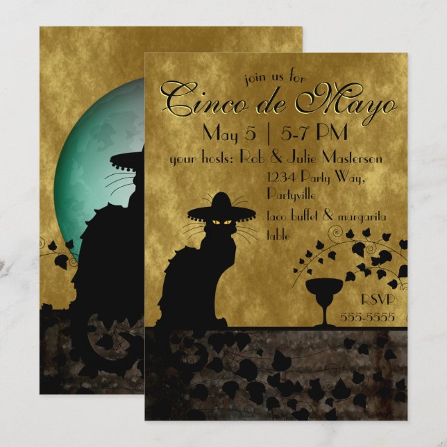Cinco de Mayo Chat Noir / Gato Negro Einladung (Vorne/Hinten)