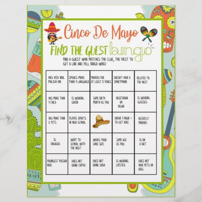 Cinco De Mayo findet das Gast-Bingo-Spiel Briefbogen (Vorderseite)