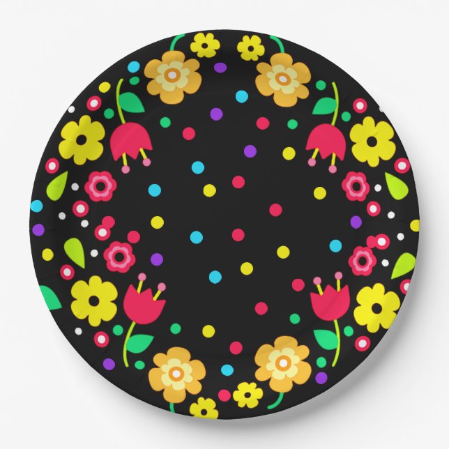 Cinco de Mayo Floral Folk Art und Maracas Pappteller (Vorderseite)