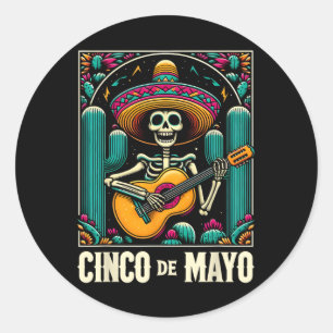 Cinco De Mayo Skelett Schädel Sombrero Gitarre Mex Runder Aufkleber