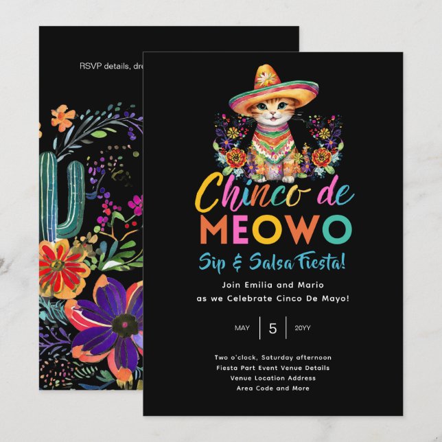 Cinco De Meowo Fun Cat Fiesta Party Time Einladung (Vorne/Hinten)