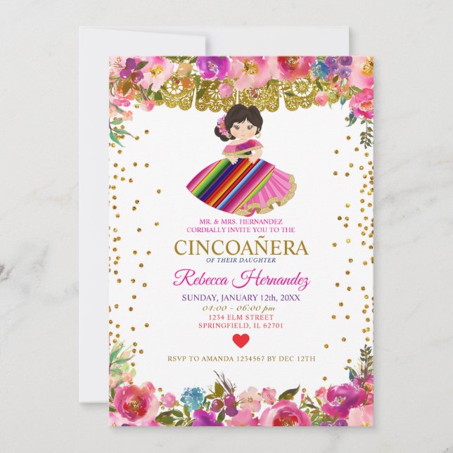 CINCOAÑERA Royal Pink Mexican Girl Einladung (Vorderseite)