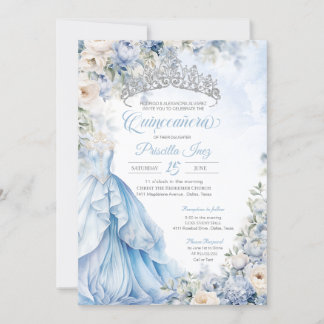 Cinderella Blue Elegant Gown Princess Quinceanera Einladung