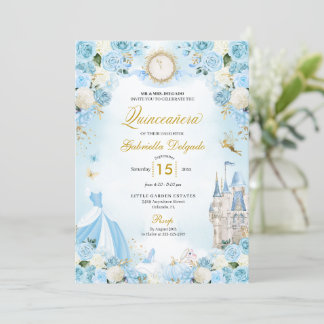Cinderella Blue Fairytale Princess Quinceanera Einladung