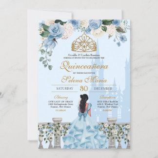 Cinderella Blue & Gold Floral Princess Quinceanera Einladung