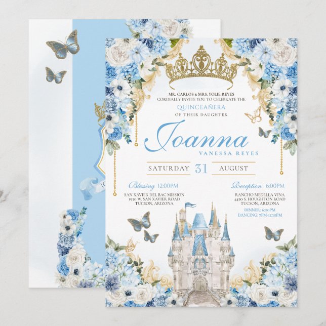 Cinderella Blue Gold Princess Castle Quinceanera Einladung (Vorne/Hinten)