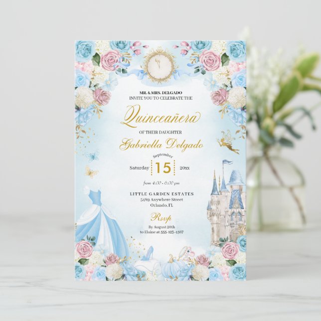 Cinderella Blue & Pink Fairytale Quinceanera Einladung (Stehend Vorderseite)
