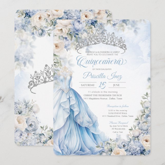 Cinderella Blue Princess Fairytale Quinceañera Einladung (Vorne/Hinten)