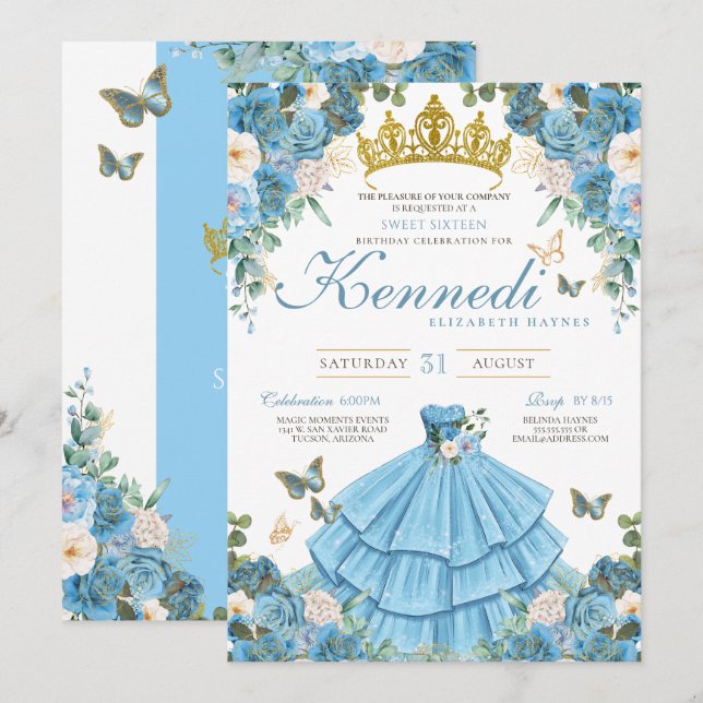 Cinderella Blue Rose Butterfly Prinzessin Sweet 16 Einladung (Vorne/Hinten)