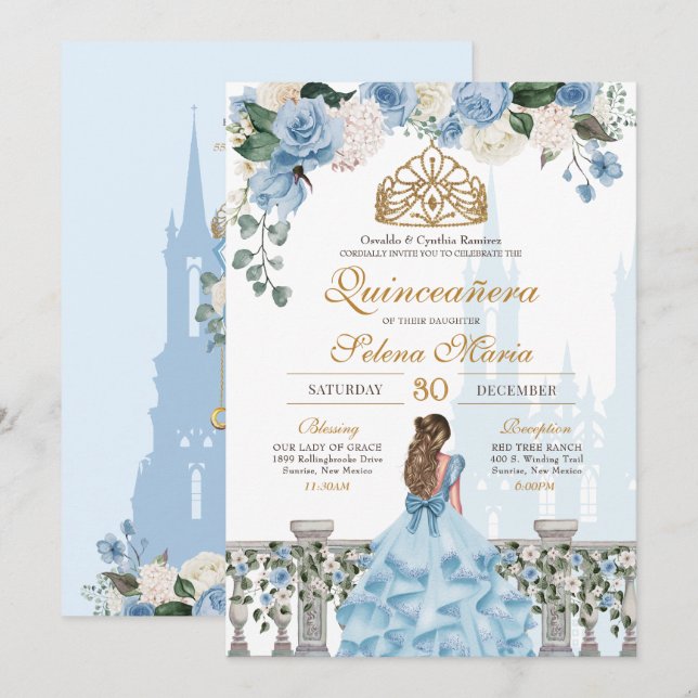Cinderella Blue Rose & Goldrin Quinceañera Einladung (Vorne/Hinten)