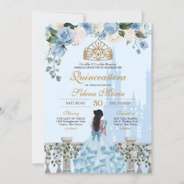 Cinderella Blue Rose & Goldrin Quinceañera Einladung