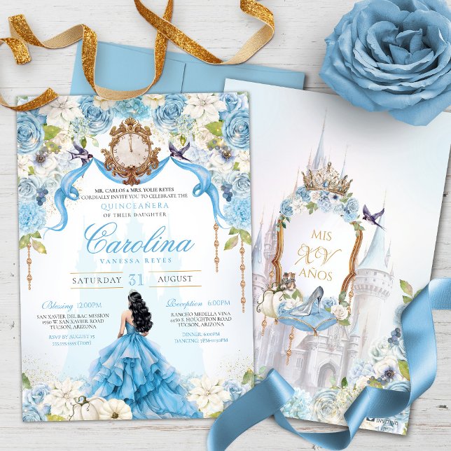 Cinderella Blue Rosen Luxury Princess Quinceanera Einladung (Von Creator hochgeladen)