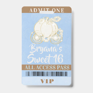 Cinderella Carriage Blue Gold Sweet 16 VIP Pass Ausweis