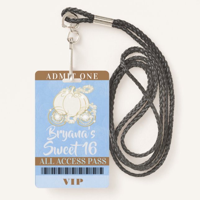 Cinderella Carriage Blue Gold Sweet 16 VIP Pass Ausweis (Vorderseite mit Schlüsselband)