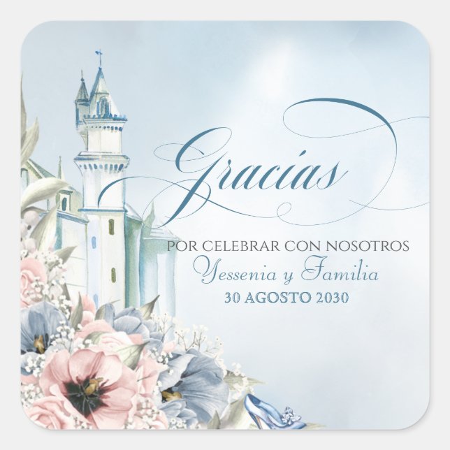 Cinderella Fairy Tale Blue Pink Spanish Gefallen Quadratischer Aufkleber (Vorderseite)
