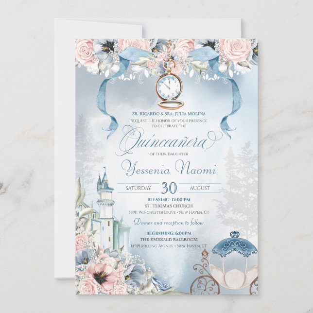 Cinderella Fairy Tale Light Blue Pink Quinceanera Einladung (Vorderseite)