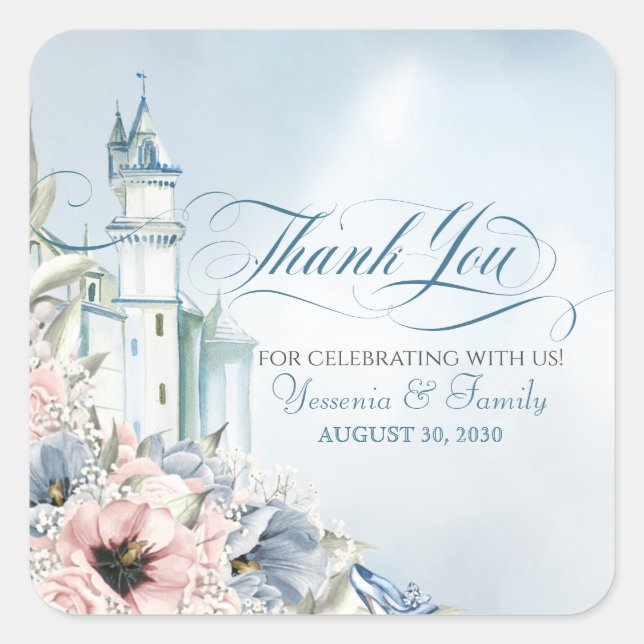 Cinderella Fairy Tale Light Blue Pink Vielen Dank Quadratischer Aufkleber (Vorderseite)