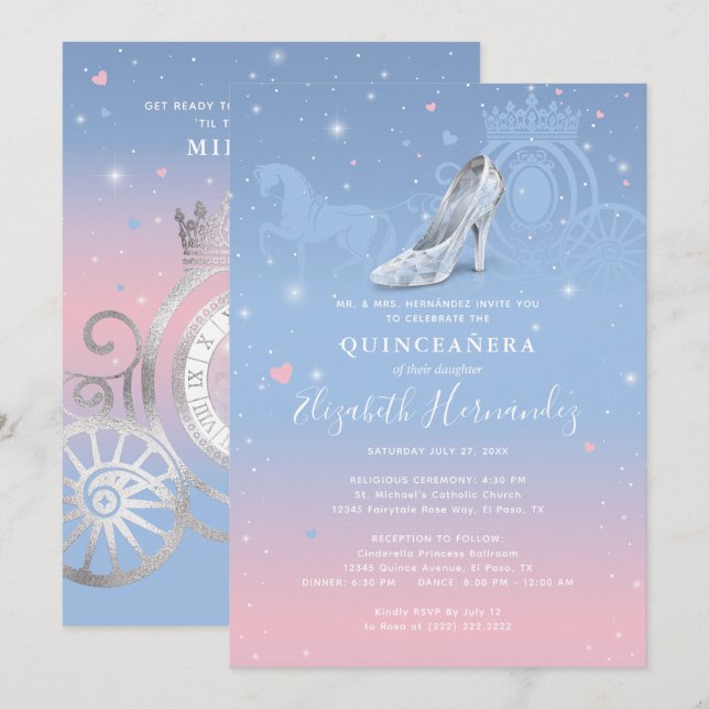 Cinderella Light Blue und Pink Quinceanera Einladung (Vorne/Hinten)