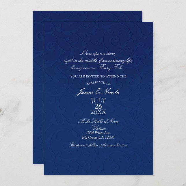 Cinderella Navy Blue Elegant Storybook Hochzeit Einladung (Vorne/Hinten)