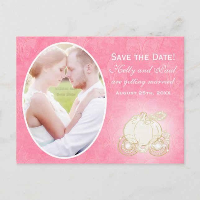 Cinderella Pink Carriage Wedding Foto Postcard Ankündigungspostkarte (Vorderseite)