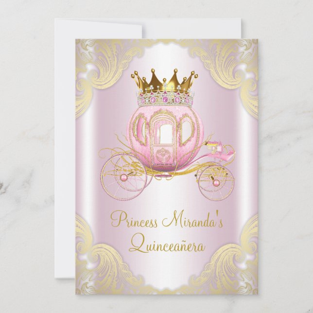 Cinderella Pink Goldene Prinzessin Quinceanera Einladung (Vorderseite)