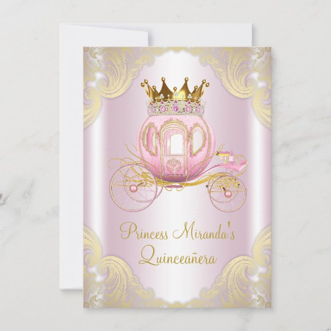 Cinderella Pink Goldene Prinzessin Quinceanera Einladung (Vorderseite)