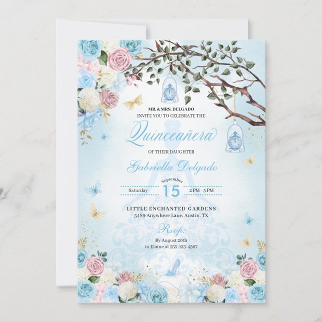 Cinderella Princess Enchanted Garden Quinceanera Einladung (Vorderseite)