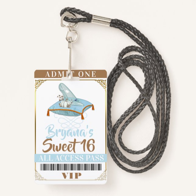Cinderella Slipper Princess Sweet 16 VIP Pass Ausweis (Vorderseite mit Schlüsselband)