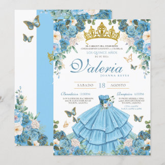 Cinderlla Blue Gold Elegantin Princess Quinceañera Einladung