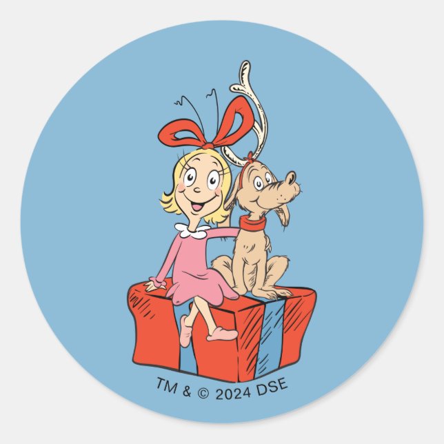 Cindy Lou Who und Max an einem Geschenk Runder Aufkleber (Vorderseite)