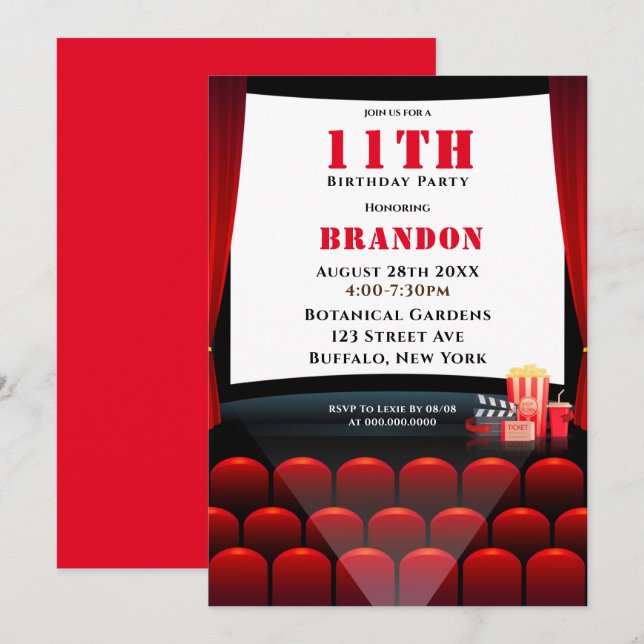 Cinéma 11e anniversaire fêtes Invitations (Devant / Derrière)