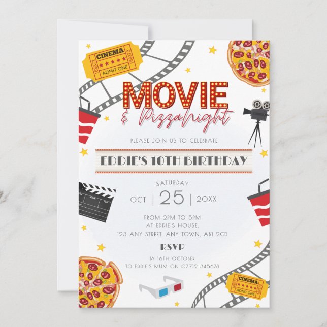 Cinéma et pizza Nuit Anniversaire Fête Invitation (Devant)