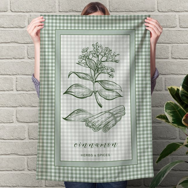 Cinnamon Herb Kitchen Towel – Green Gingham Border Geschirrtuch (Cinnamon Herb Kitchen Towel – Green Gingham Border)