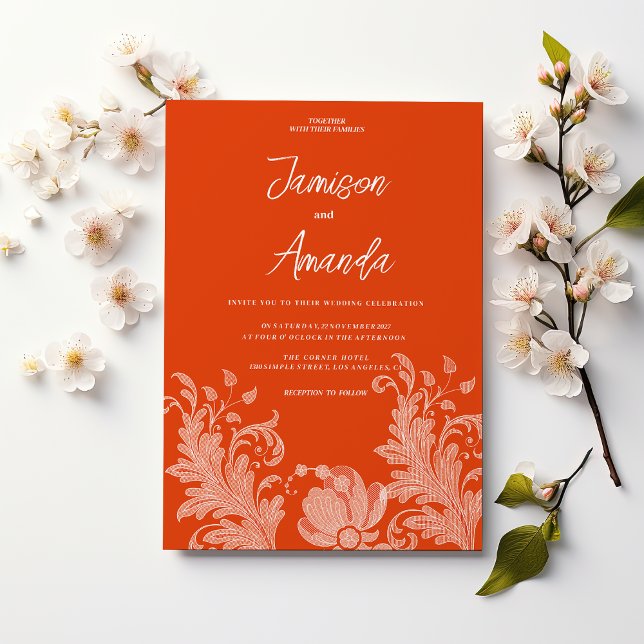 Cinnamon Orange Blumen Hochzeit Einladung (Cinnamon orange white floral lace Wedding )