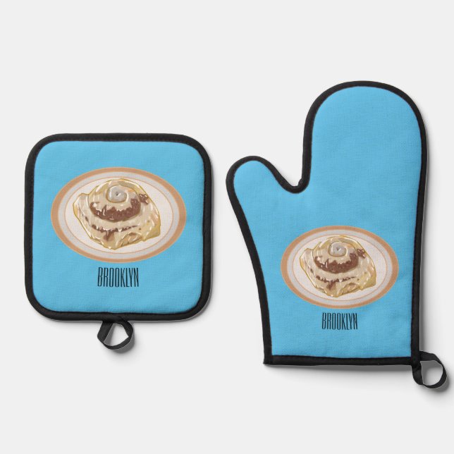 Cinnamon Rolle Cartoon Illustration Ofenhandschuh & Topflappen-Set (Vorderseite)