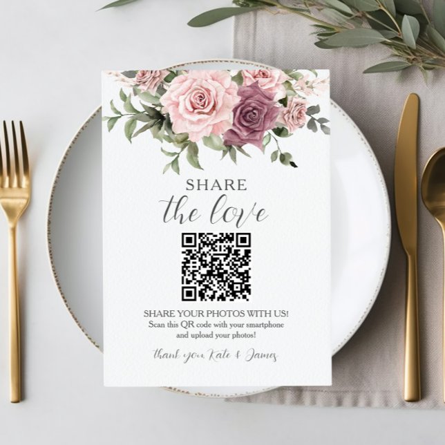Cinnamon Rose Blush Floral QR Share Fotos Hochzeit Dankeskarte (Von Creator hochgeladen)