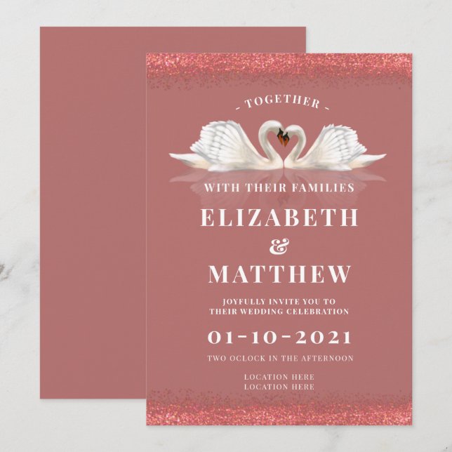 Cinnamon Rose Rosa Thema mit Swans Hochzeit Einladung (Vorne/Hinten)