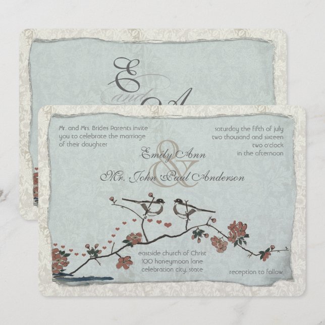 Cinnamon und Blue Love Bird Damask Einladungen für (Vorne/Hinten)