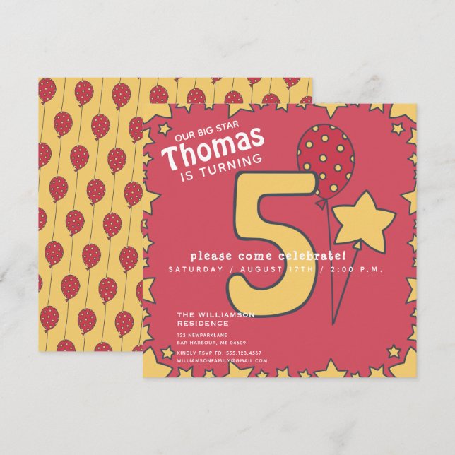 Cinq mignonnes enfants rouges jaunes 5e invitation (Devant / Derrière)