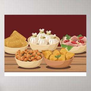 cinq plats chinois dans le tableau