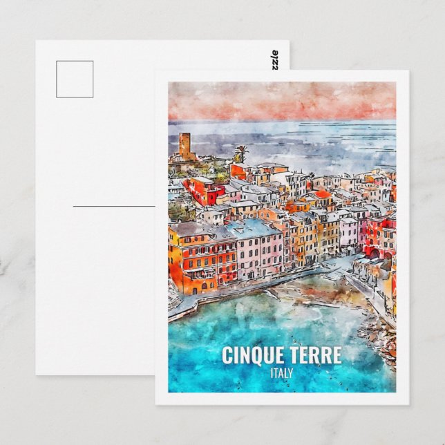 Cinque Terre Italien Berühmter Platz Watercolor Postkarte (Vorne/Hinten)