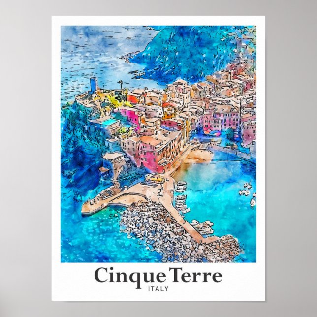 Cinque Terre Italien Reisen Wasserfarbenhandgezeic Poster (Vorne)