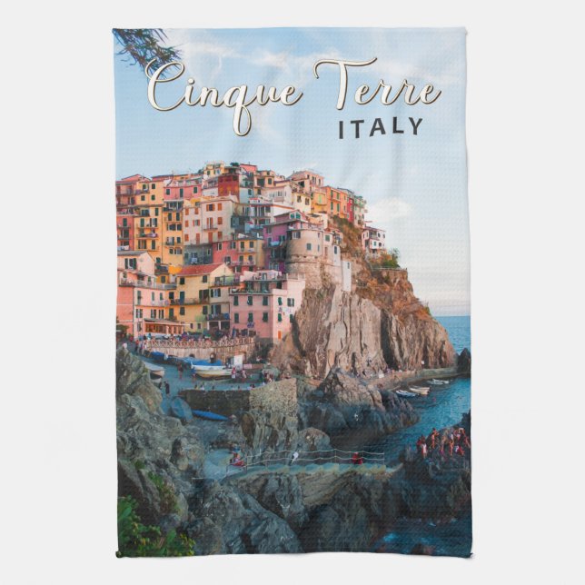 Cinque Terre Italien Wasserfarben Vintag Geschirrtuch (Vertikal)