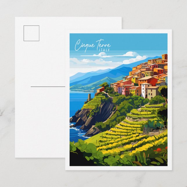 Cinque Terre Italy Vintage Illustration Postkarte (Vorne/Hinten)