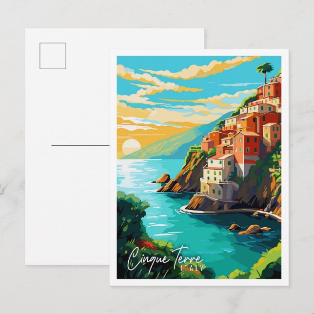 Cinque Terre Italy Vintage Illustration Postkarte (Vorne/Hinten)